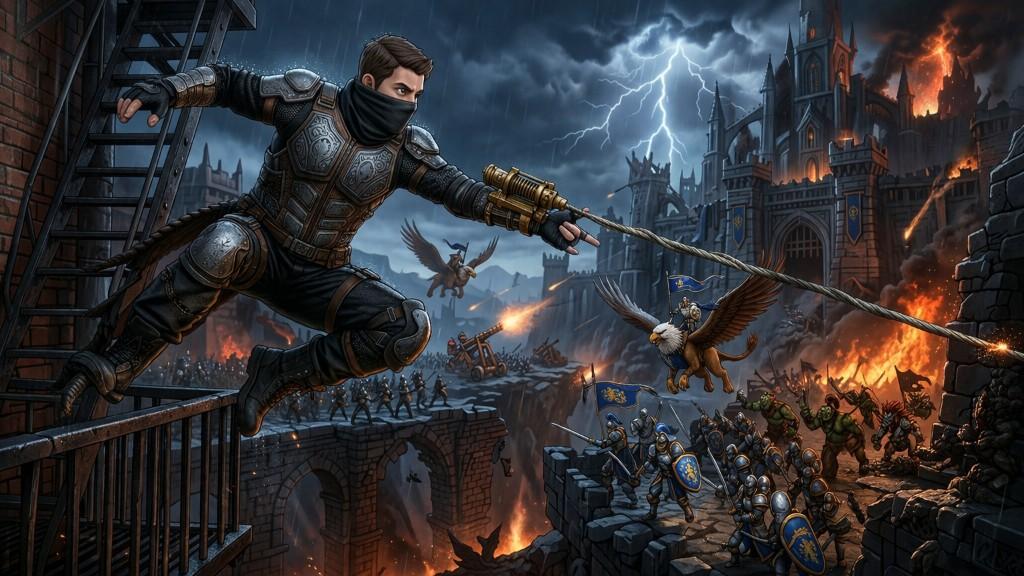 Fantasy battle at a storm-lit fortress: armored hero with a grappling device leaping from a building toward knights, griffins, and siege engines